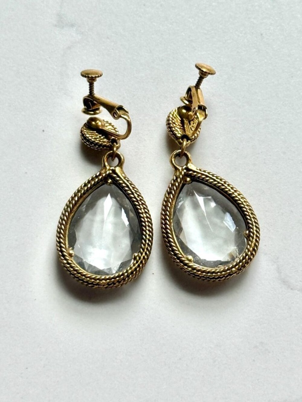Vintage Mid Century Oversized Clear Rhinestone And Gold Brass Rope Dangle Earrin